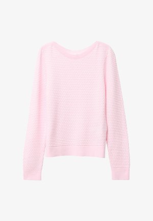 Light pink sweatshirt made of textured fabric with a honeycomb pattern, featuring a rounded neckline and long sleeves with ribbed cuffs.