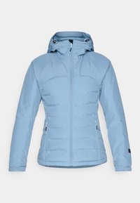 Lyseblå polstret jakke med hette, frontglidelås, glidelåslommer p�å siden og justerbare ermer, designet for kaldt vær.