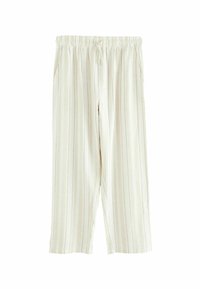 Pantalons rayés beige clair avec taille élastique et cordon de serrage. Comprend deux poches latérales et une coupe droite et lâche.