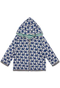 Reißverschluss-Jacke für Kinder mit einem blauen und weißen Elefantenmuster, ausgestattet mit einer gestreiften Innenkapuze und grauen Besätzen an den Bündchen und am Saum.