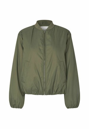 Veste bomber vert olive avec col côtelé, fermeture éclair à l'avant, poignets élastiques et deux poches latérales ; tissu lisse et léger.