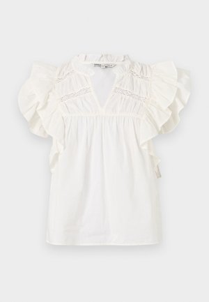 Biela blúzka s volánovými krátkymi rukávmi, výstrihom do V a čipkovými detailmi na hrudníku. Vyrobená z ľahkej textúrovanej látky.