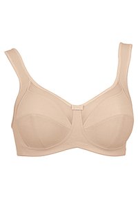 Beige wireless bra with smooth fabric, wide straps, and a seamless design. Features a central connecting clasp and reinforced edges.