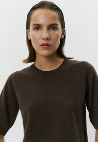 Brown knit sweater with short sleeves and a round neckline, featuring a smooth texture and simple, minimalistic design.