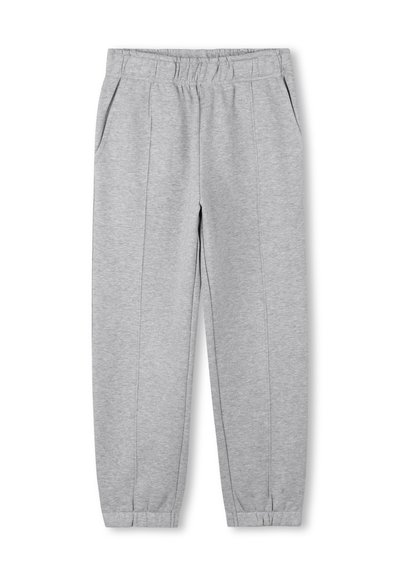 Pantalons de survêtement gris en tissu doux, avec une taille élastique, deux poches latérales et des poignets ajustés aux chevilles.