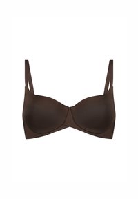 Bruine, gevoerde beha met contourcups en verstelbare bandjes. Glad textuur van de stof en naadloos ontwerp voor een nette uitstraling.