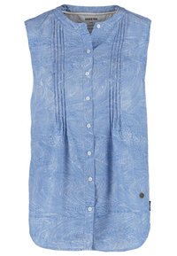 Camicetta senza maniche azzurra chiara con un motivo a onde textured, con chiusura frontale a bottoni e scollo rotondo. Include pieghe verticali e logo.
