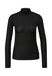 Czarny sweter z golfem, z długimi rękawami, prążkowaną fakturą, lekką tkaniną i dopasowanym krojem. Miękka i prosta robota.