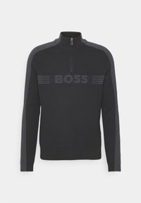 Czarna bluza z wysokim kołnierzem i zamkiem. Wyróżnia się teksturowanym logo "BOSS" na piersi oraz kontrastującymi ciemnoszarymi panelami po bokach.