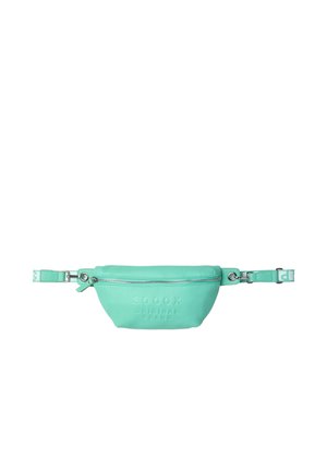 Turquoise leather waist bag with zipper closure and adjustable strap featuring silver-tone hardware and embossed branding on front.
