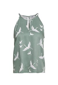 Blusa sin mangas verde con un patrón de grúas blancas, con un escote de ojal y un corte holgado. Fabricada en tejido ligero.