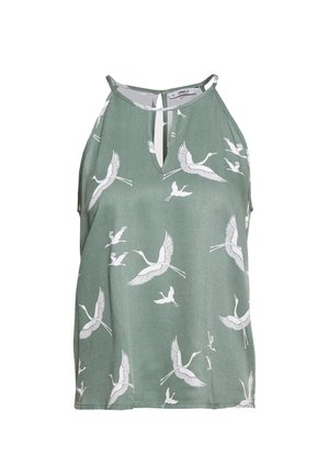 Groene mouwloze blouse met een wit kraanvogelpatroon, voorzien van een sleutelgat-halslijn en een relaxte pasvorm. Gemaakt van lichte stof.