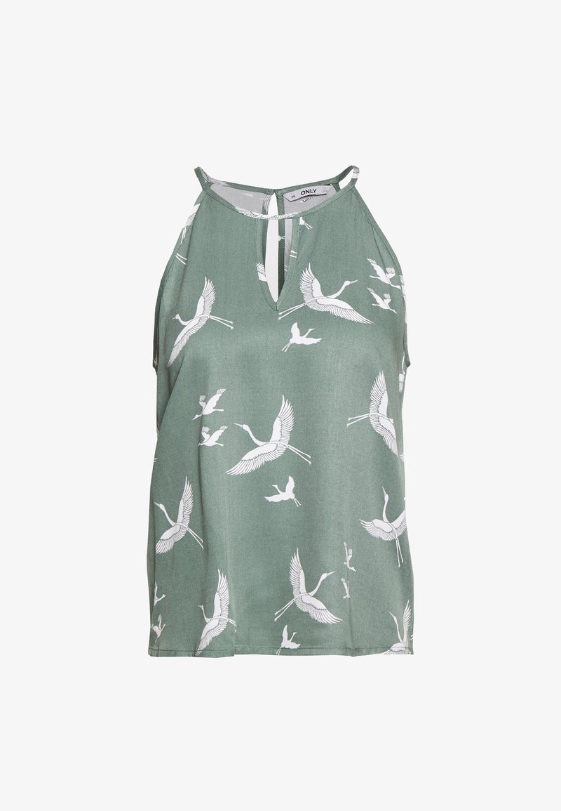 Grüne ärmellose Bluse mit einem weißen Kranichmuster, einem Schlitzkragen und einer lockeren Passform. Hergestellt aus leichtem Stoff.