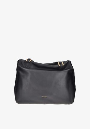 Borsa a tracolla in pelle nera dal design morbido, con accenti in metallo dorato e un logo in rilievo discreto sul davanti.