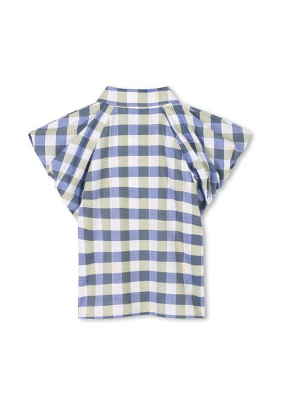 Chemise à manches courtes à carreaux en coton vert, bleu et blanc. Elle présente un décolleté large et une coupe décontractée avec des plis verticaux dans le dos.