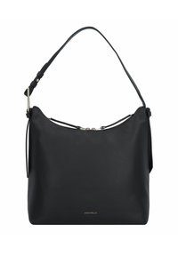 Black leather shoulder bag with a textured finish, zip closure, adjustable strap, and minimalistic design. Brand logo displayed on front.