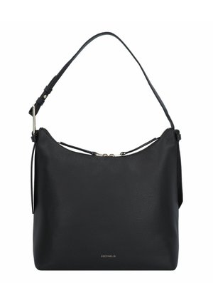 Sac à épaule en cuir noir avec une finition texturée, fermeture éclair, bandoulière réglable et design minimaliste. Logo de la marque affiché à l'avant.
