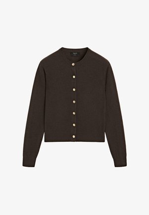 Brown cropped cardigan made of soft material, featuring long sleeves and a round neckline, with gold-tone buttons down the front.