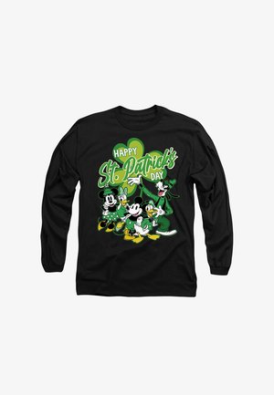 Schwarzes Langarmshirt mit cartoonhaften Charakteren in Grün und Weiß zum St. Patrick's Day, mit dem Text "Frohen St. Patrick's Day."