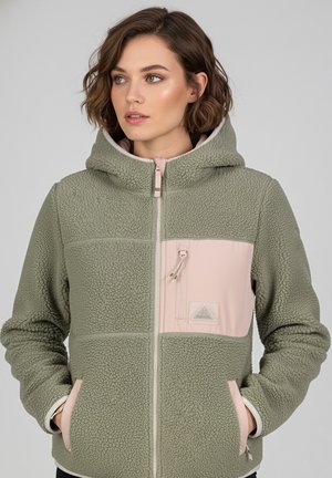 Fleece jacket in olive green with a pink panel. Features a zip closure, hood, and textured fabric. Includes a chest pocket and side pockets.