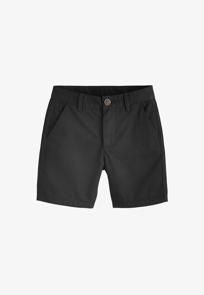 Zwarte shorts van een katoenmix, met twee zijzakken, een knoopsluiting en riemlussen voor een verstelbare pasvorm. Glad textuur.