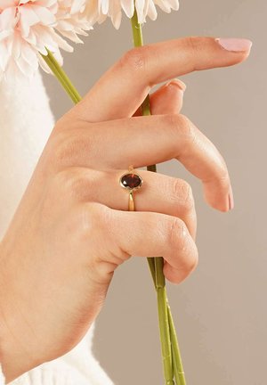 Gold ring with an oval, dark red gemstone set in a smooth band, worn on a hand holding green flower stems against a soft, neutral background.