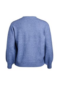 Blauer Strickpullover mit Rundhalsausschnitt, Pufferärmel-Design und geripptem Saum. Weiche Textur und minimalistischer Stil ohne sichtbare Muster.