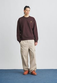 Felpa color marrone con polsini a costine, abbinata a pantaloni cargo beige con tasche laterali. Il modello indossa scarpe marroni e si trova su un tappeto blu.