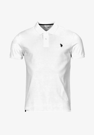 Polo shirt bianco in cotone, con colletto a tre bottoni, maniche corte e un piccolo logo nero ricamato sul petto.