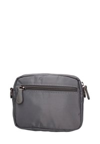 Borsa in nylon grigia di forma rettangolare, con tasca frontale con zip, superficie liscia e dettagli in metallo argentato. Design compatto e versatile.