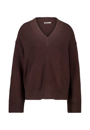 Brown ribbed knit sweater with a V-neck, dropped shoulders, and wide sleeves. Textured fabric adds depth to the casual design.
