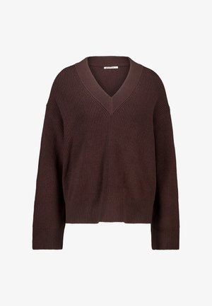 Bruine geribbelde gebreide trui met een V-hals, verlaagde schouders en wijde mouwen. De textuur van de stof voegt diepte toe aan het casual ontwerp.