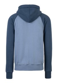 Hoodie bicolore in blu e azzurro chiaro. Presenta una tasca a marsupio, polsini a costine e un cappuccio con coulisse. Vestibilità rilassata e texture morbida.