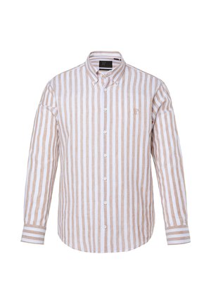 Camicia da uomo a maniche lunghe con bottoni, righe verticali beige e bianche, colletto con bottoni e logo "JP" sul petto.