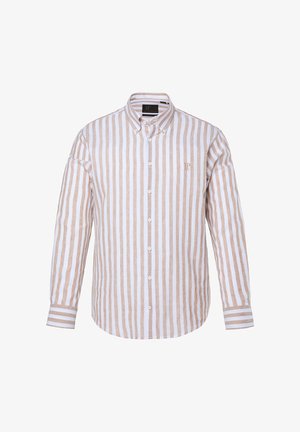 Miesten pitkähihaiset kauluspaita, jossa on beige- ja valkoraidat, napitettava kaulus ja "JP"-logo rinnassa.