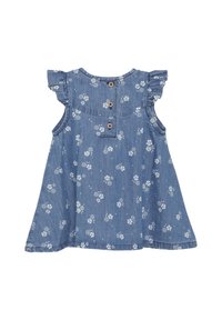 Robes en denim avec imprimé floral blanc, manches courtes à volants et fermeture à boutons au dos. Silhouette en A avec une texture lisse.