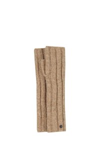 Gant sans doigt en tricot beige avec une texture côtelée, comportant un petit logo noir sur le poignet. Matériau doux et design allongé.