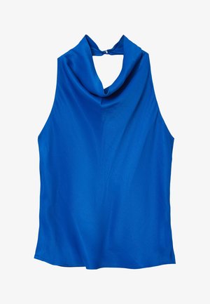 Blaues ärmelloses Oberteil mit einem drapierten Schalenausschnitt. Aus glattem Stoff gefertigt, mit einem Ausschnitt im Rücken und einer lockeren Passform. Keine Muster oder Akzente.