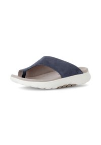 Slide sandal featuring a navy suede upper, open toe, and a white cushioned sole with textured grip. Simple, modern design.