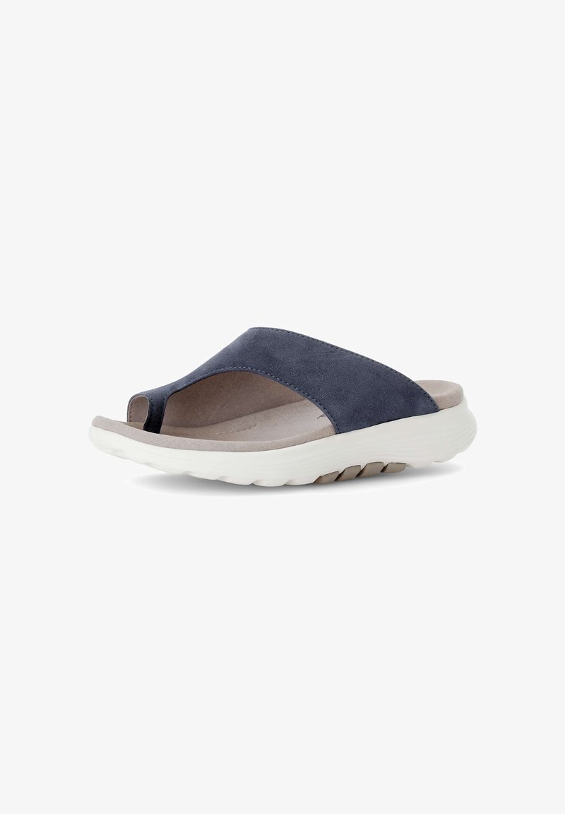 Slide sandal featuring a navy suede upper, open toe, and a white cushioned sole with textured grip. Simple, modern design.