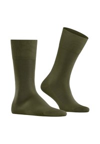 Calzini verde oliva realizzati in tessuto elastico, con una superficie liscia e polsini a costine. Il design è semplice, senza motivi o accenti visibili.