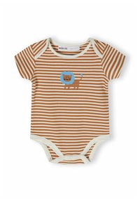 Prugasti bodysuit u smeđoj i krem boji, s grafikom plave lavice na prsima, izrađen od mekog pamuka, s kratkim rukavima i kopčama na dugme.