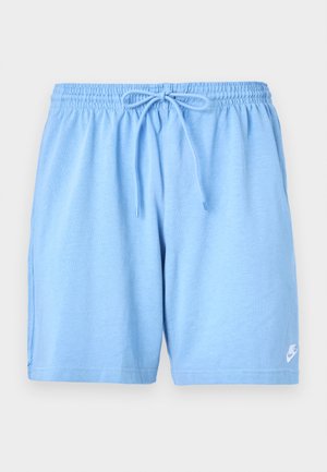 Light blue athletic shorts with an elastic waistband and drawstring. Soft fabric with visible stitching and a small white logo on the lower hem.