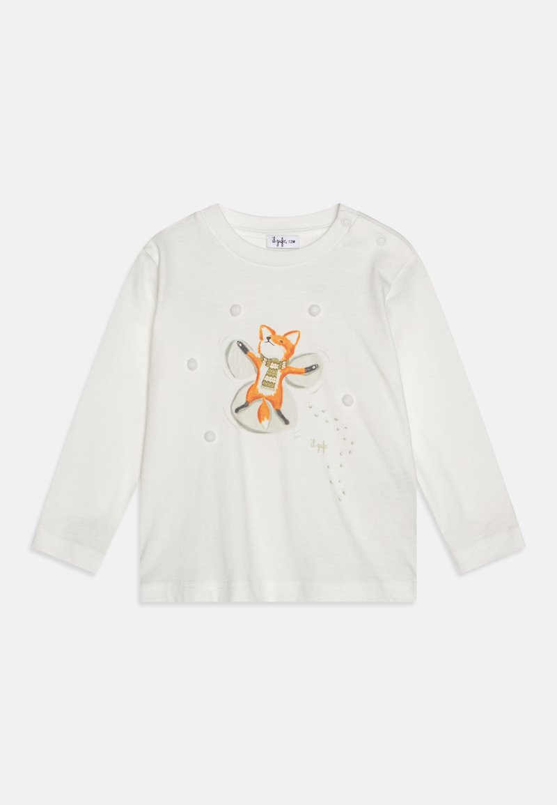 White long-sleeve shirt featuring a printed orange fox with a scarf, surrounded by decorative dots. Soft cotton fabric with snap closure.
