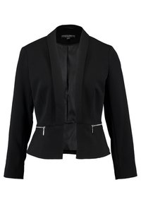 Černý blazer se saténovým límcem, přiléhavý střih, zipové detaily na přední straně a dlouhé rukávy. Hladká textura a upravený design.