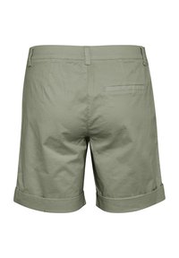 Shorts vert olive clair en coton, avec un ourlet replié, deux poches arrière et une texture lisse. Vue arrière montrant un design épuré.