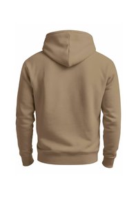 Brown hooded sweatshirt with a smooth texture, long sleeves, and a relaxed fit. Features a kangaroo pocket and ribbed cuffs.
