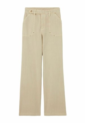 Pantalones de pierna ancha beige con un patrón texturizado y a rayas. Cuenta con dos bolsillos frontales, un cierre de botón y trabillas para cinturón en la cintura.