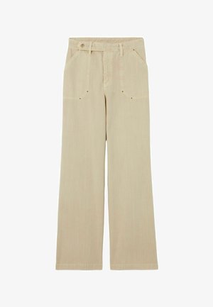 Pantaloni beige a gamba larga con un motivo a righe texturizzato. Presentano due tasche anteriori, una chiusura a bottone e passanti per cintura in vita.
