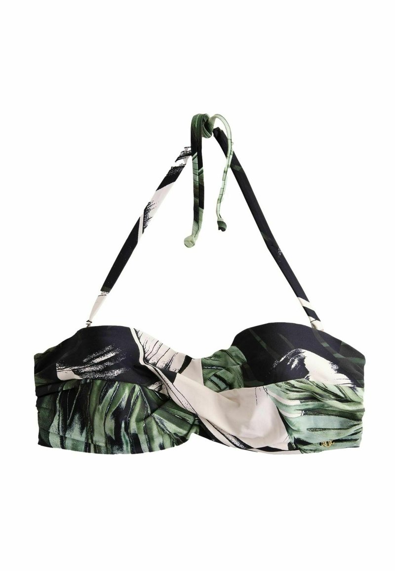 Top da bikini con stampa di foglie tropicali in verde e nero, con spalline regolabili e tessuto arricciato per un tocco di texture.